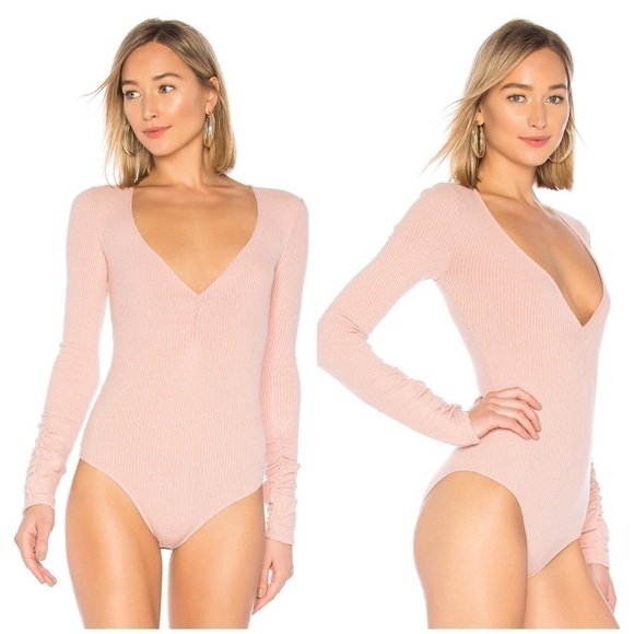 Free People Pink Cozy up with me long sleeves V-neck bodysuit size L=12-14 - Picture 1 of 15